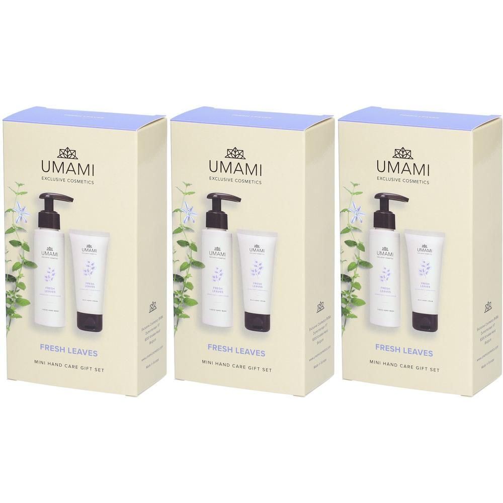 Coffret Cadeau Mini Soin des Mains UMAMI Fresh Leaves avec flacon pompe et tube.