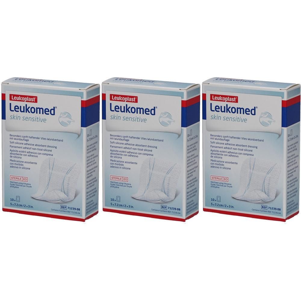 Trois paquets de pansements Leukomed Skin Sensitive. Pansements stériles et doux pour la peau.