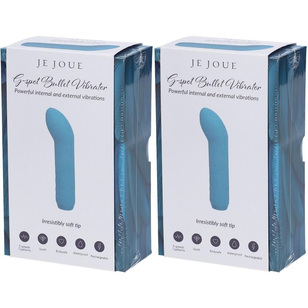 Twee verpakkingen van een blauwe Je Joue bullet vibrator, gelabeld 'G-spot Bullet Vibrator'.