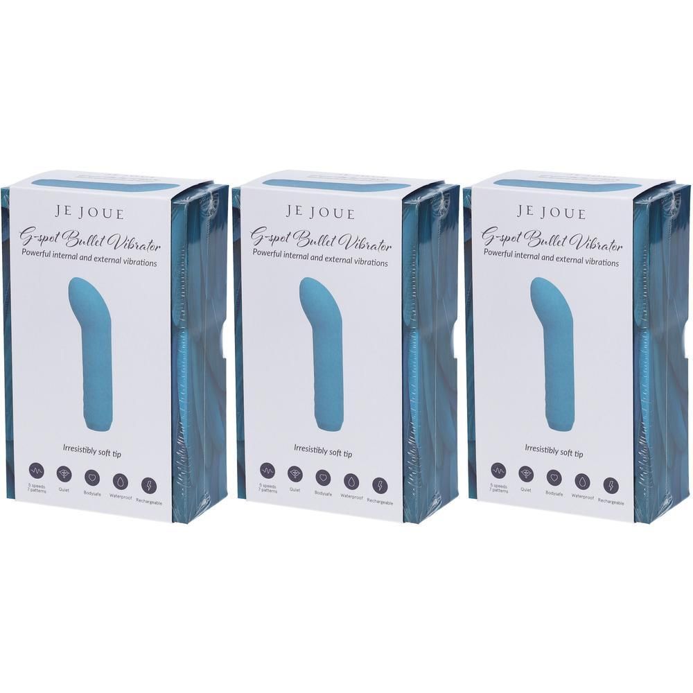 Drie verpakkingen van de Je Joue Bullet Vibrator Blauw. De vibrator is slank en gebogen.