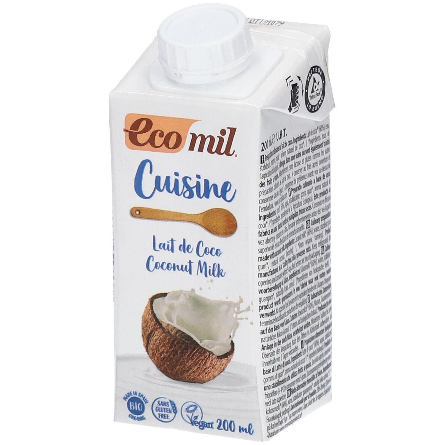 Ecomil Cuisine Lait de Coco, brique 200ml avec illustration de noix de coco et cuillère en bois.