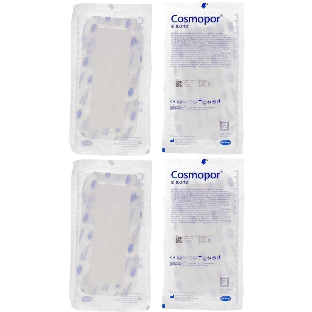 Vier individueel verpakte Hartmann Cosmopor Silicone wondcompressen.