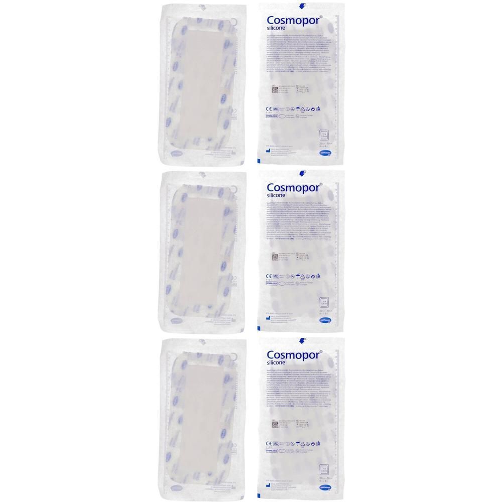 Drie individueel verpakte Cosmopor Silicone wondkompressen.