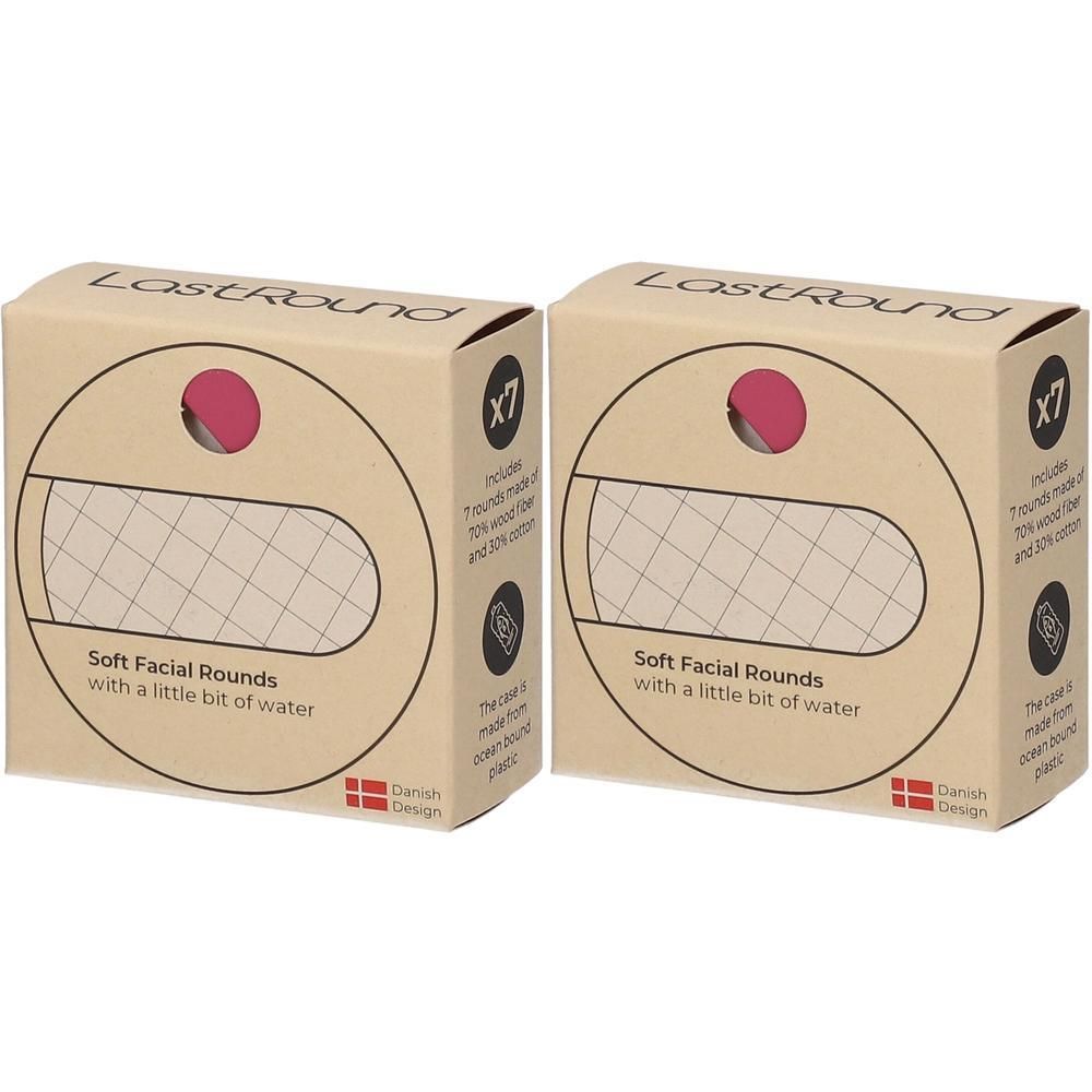 Deux paquets de disques démaquillants réutilisables LastRound, rouges. Chaque paquet contient 7 disques en 90% fibre de bois et 10% coton.