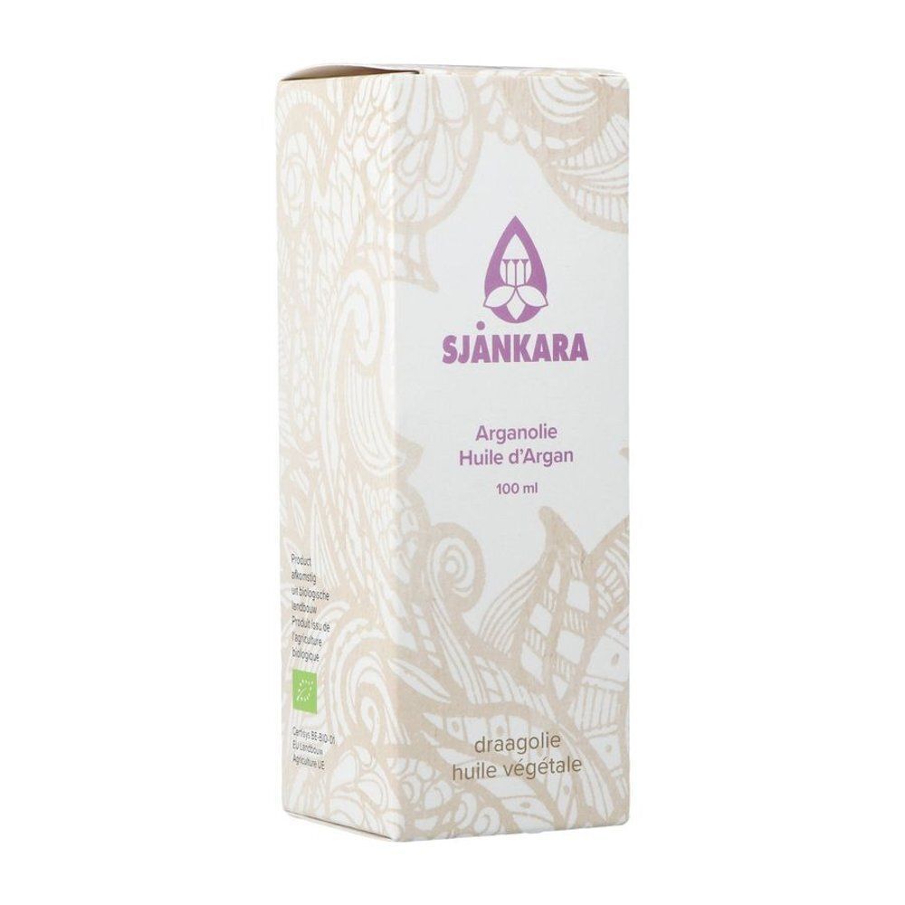Verpakking voor Sjankara Arganolie Bio, 100 ml, met zegel en patroon.