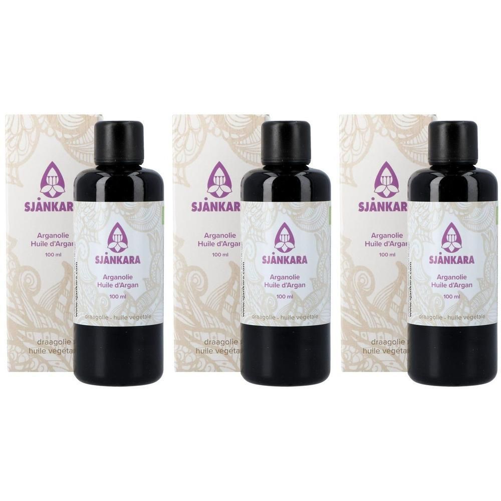 Trois flacons d'huile d'argan Sjankara, 100 ml, avec emballage.