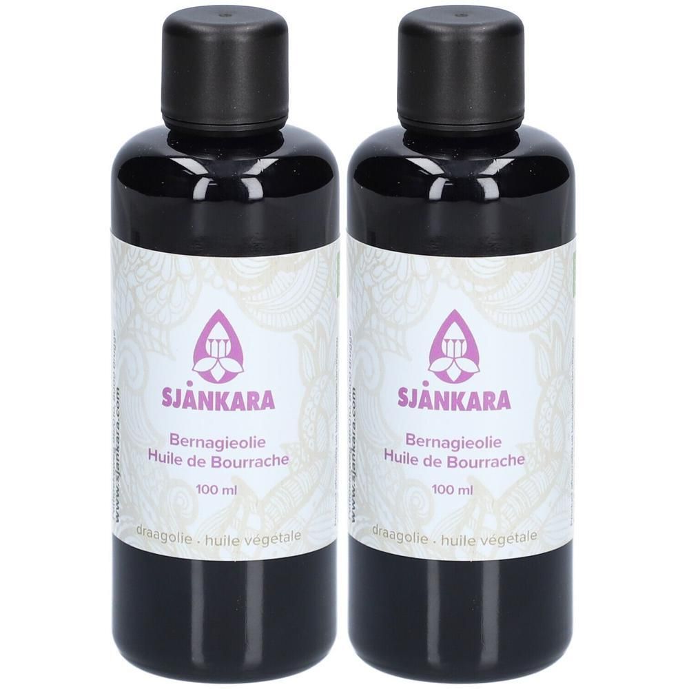 Twee flessen Sjankara biologische bernagieolie, elk 100 ml.