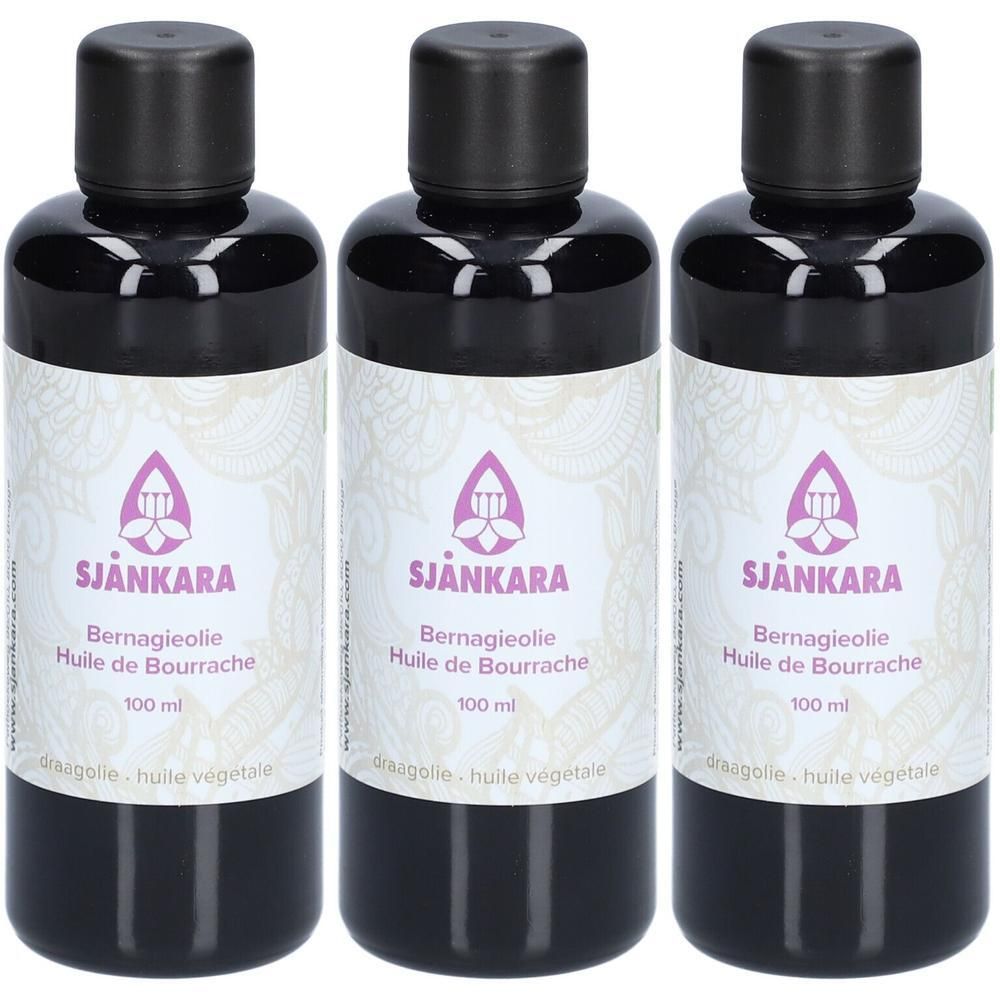 Trois flacons foncés d'huile de bourrache Sjankara, 100 ml chacun.