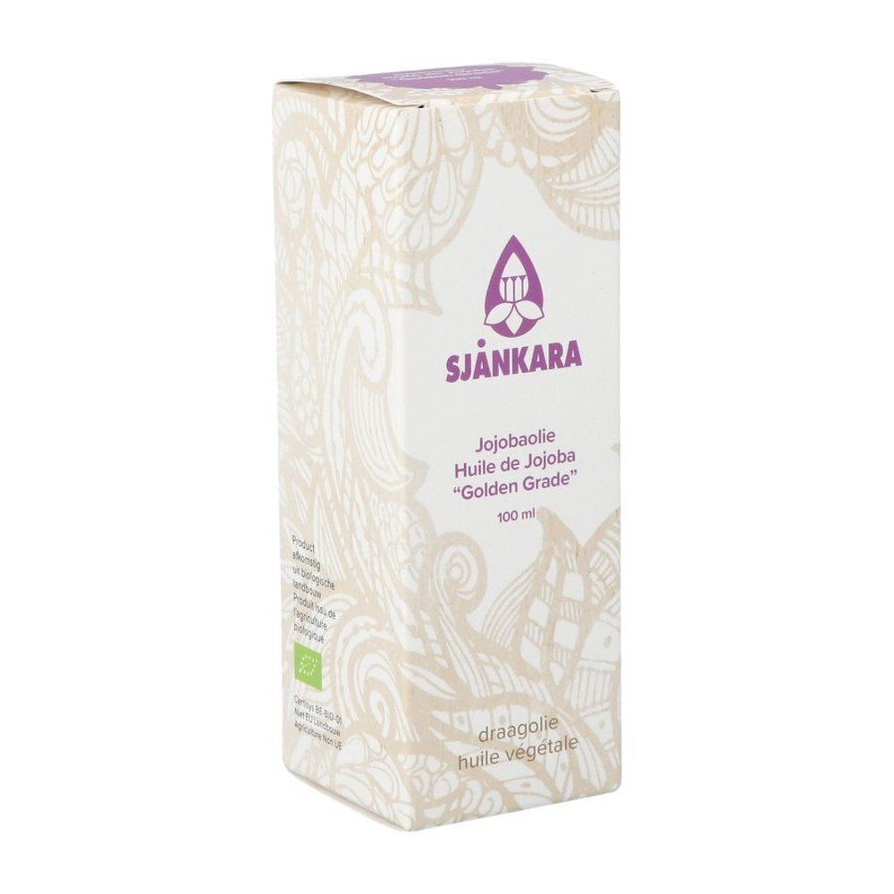 Verpakking van Sjankara Jojobaolie "Golden Grade" 100ml met bio-keurmerk.