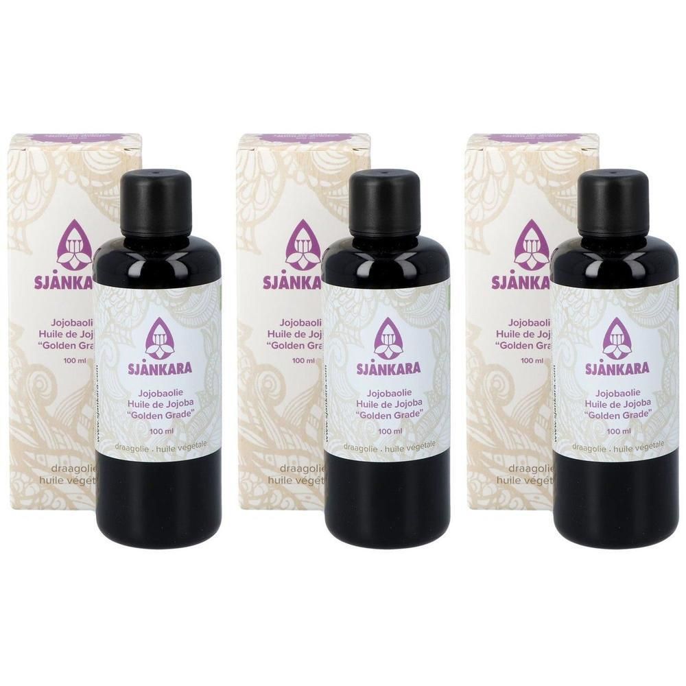 Trois flacons d'huile de jojoba "Golden Grade" SjäNkara, 100 ml, avec emballage.
