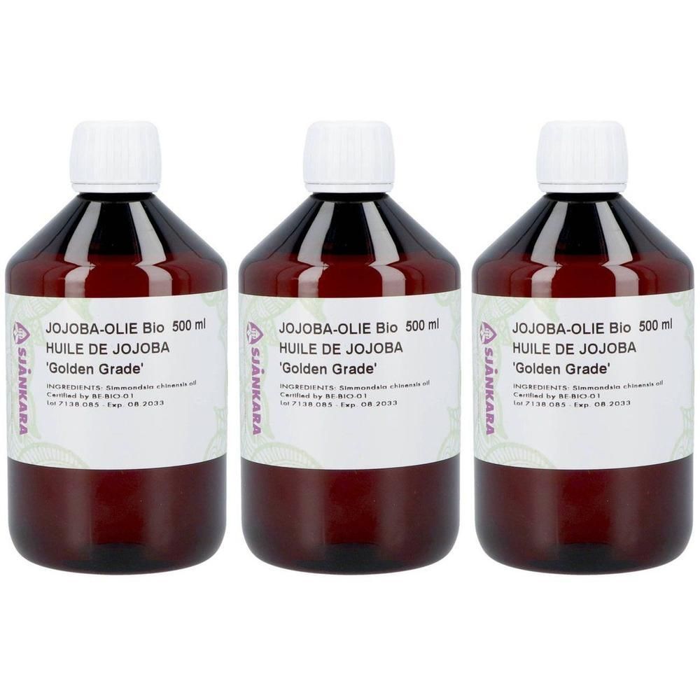 Drie flessen Jojobaolie Bio 'Golden Grade' 500 ml.