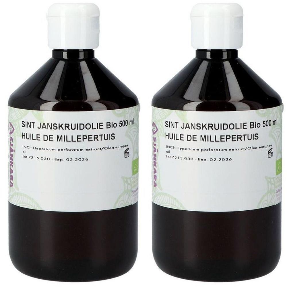 Deux bouteilles d'huile de millepertuis bio, 500 ml chacune.