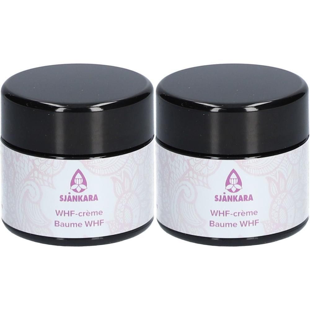 Deux pots de crème WHF Sjankara avec couvercles noirs et étiquettes violettes.