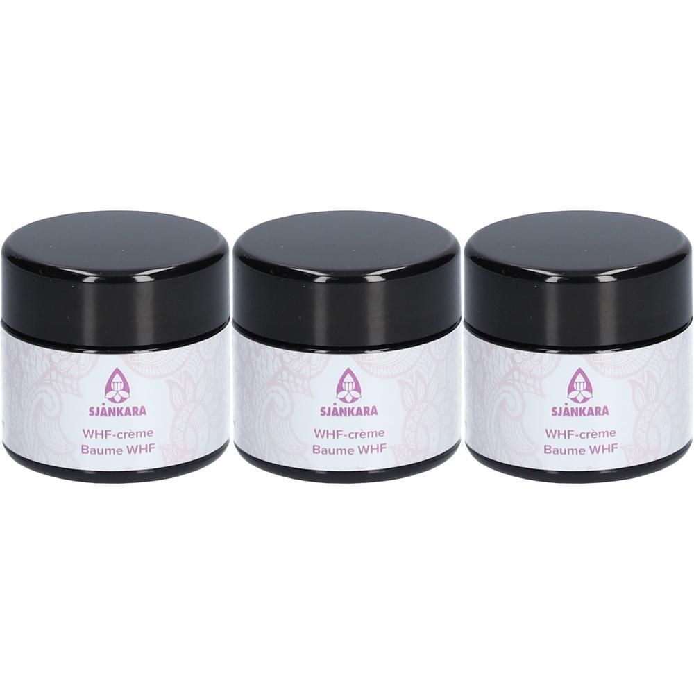 Trois pots de crème WHF Sjankara avec couvercles noirs et étiquettes à motif floral.