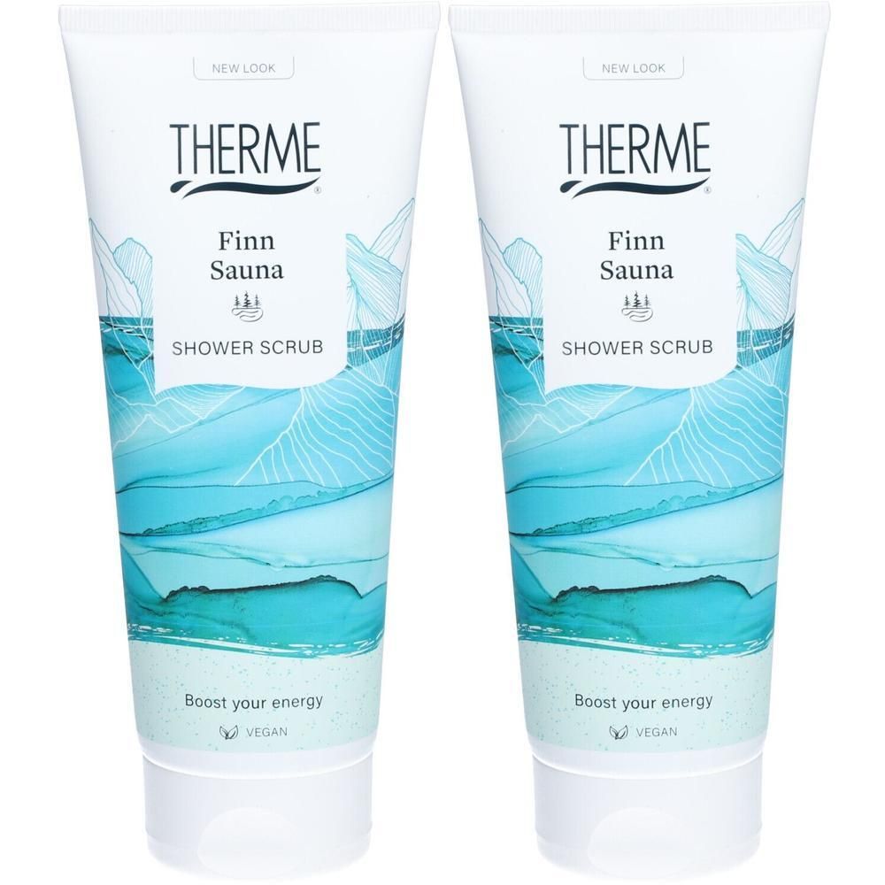 Twee tubes Therme Finn Sauna Douche Scrub met blauw-witte golflandschap.