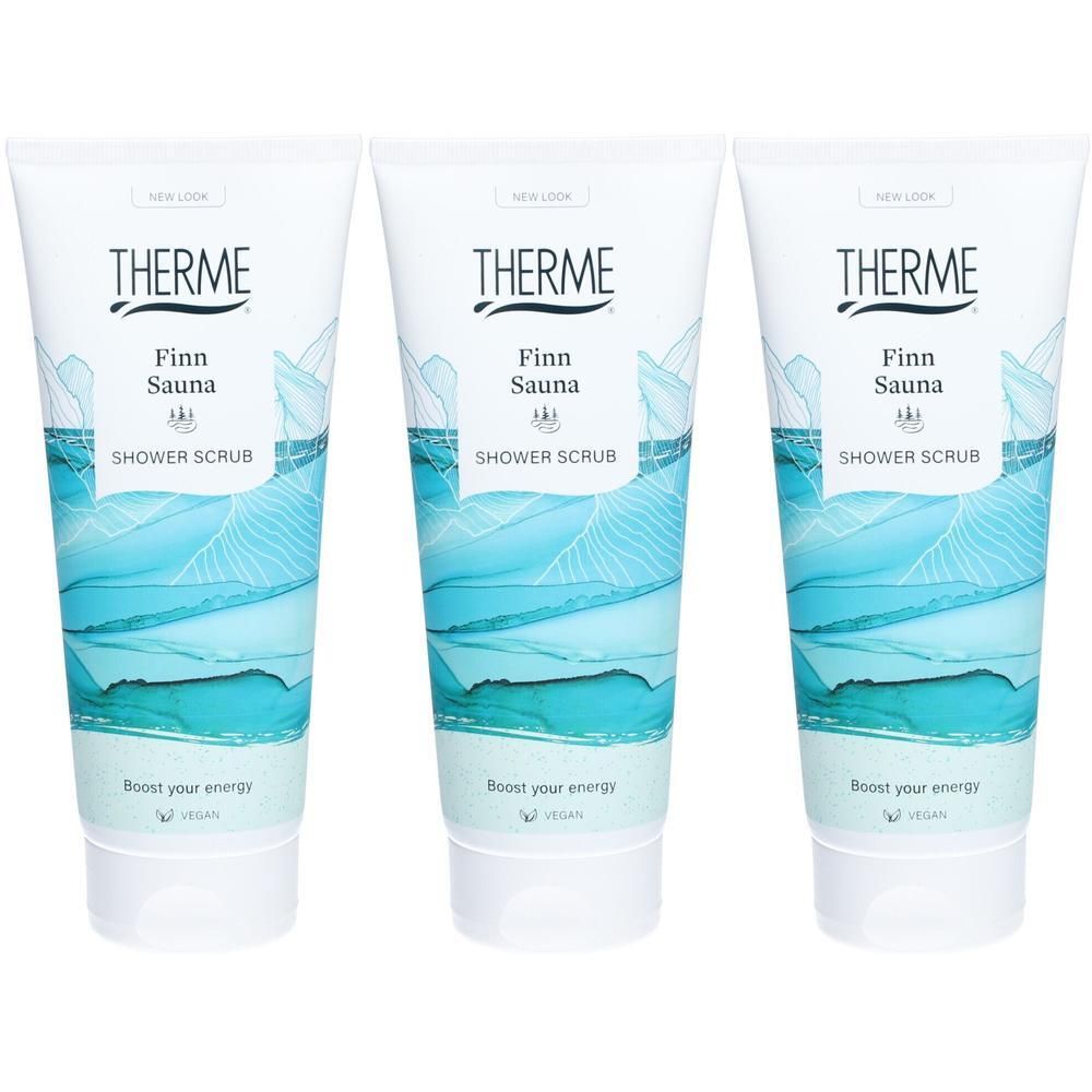 Trois tubes de Therme Finn Sauna Shower Scrub avec un motif ondulé bleu-vert et un bouchon blanc.