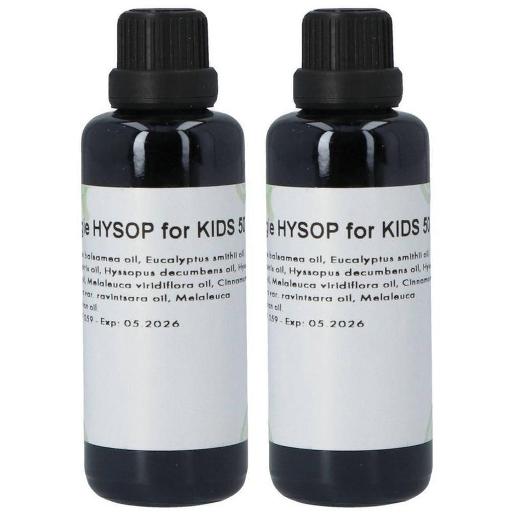Deux flacons foncés avec étiquettes listant "HYSOP for KIDS" et des ingrédients. Bouchons noirs à vis.