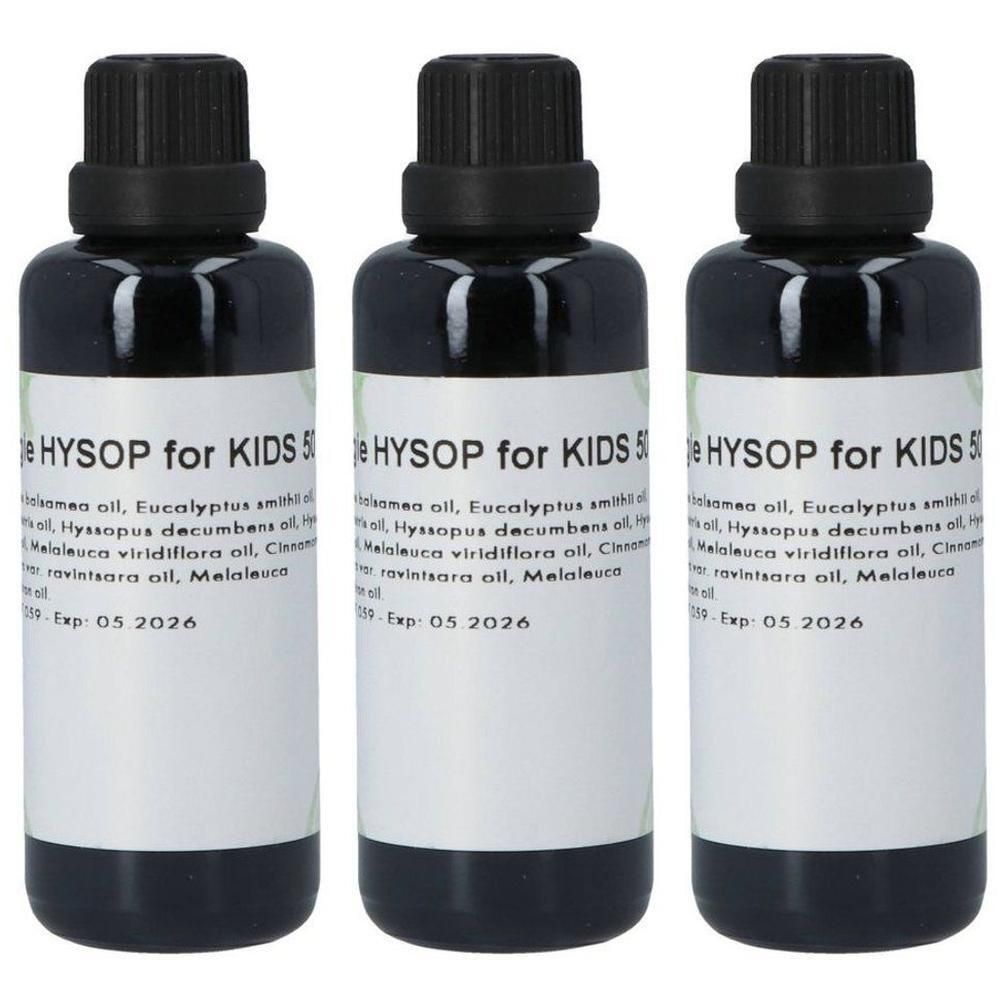 Trois flacons foncés avec des étiquettes indiquant Hyssop for Kids. Bouchons noirs.