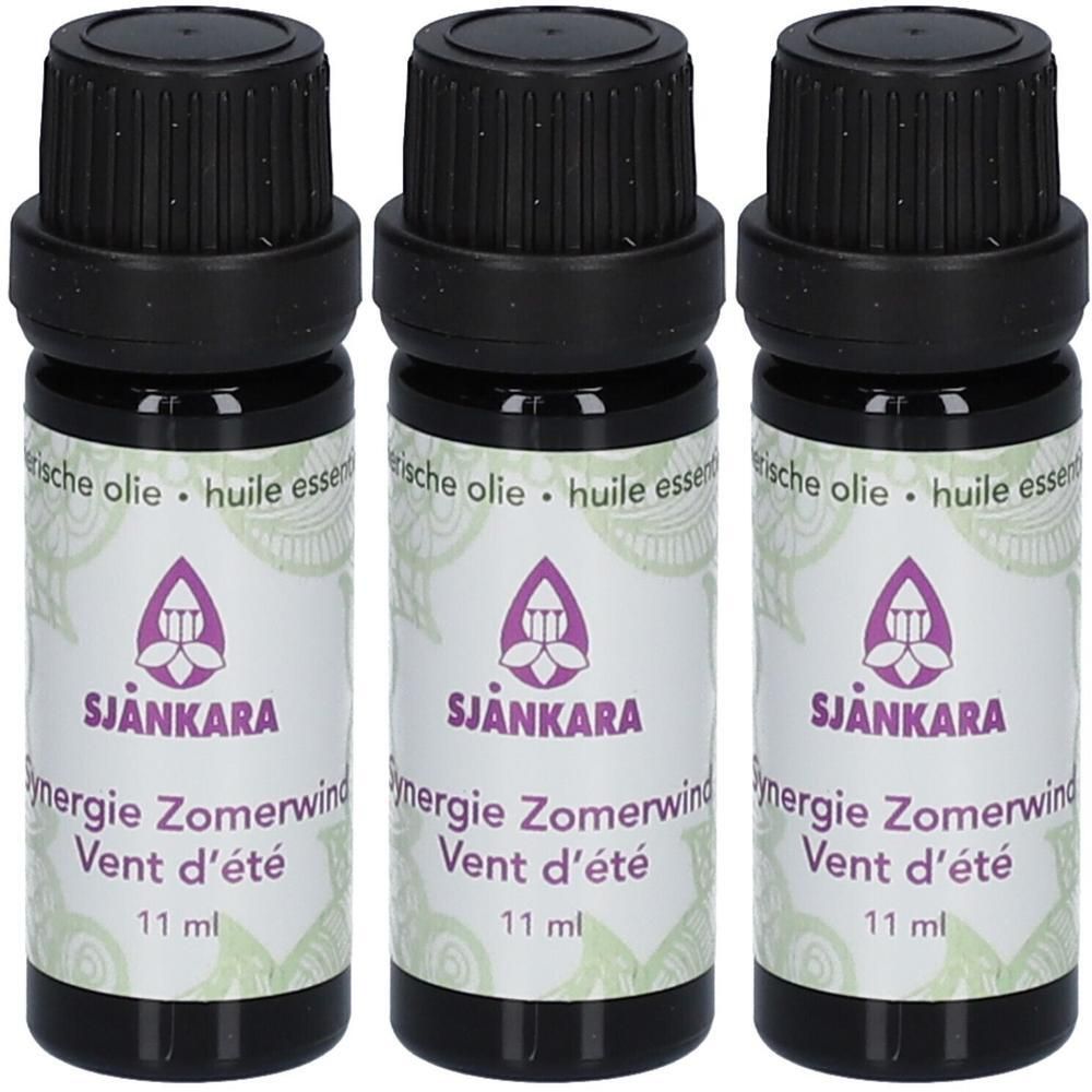 Trois flacons d'huile essentielle Sjankara Synergie des Vents d'Eté, 11 ml chacun.