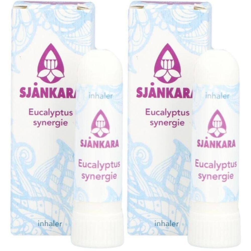 Twee SjäNkara Eucalyptus Synergie inhalatoren met verpakking. Paars logo en opschrift.
