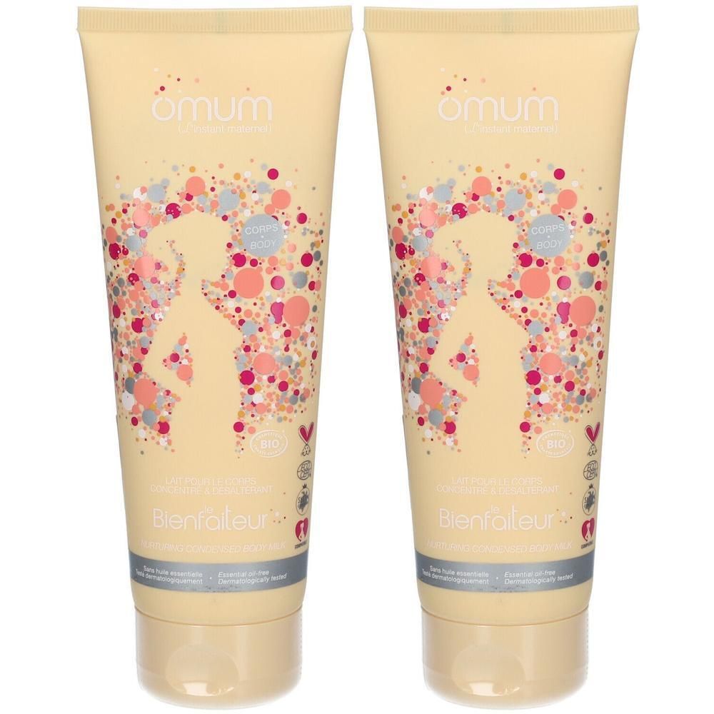 Twee gele tubes Omum Le Bienfaiteur Lait Corps Bio met zwangerschaps-silhouet en gekleurde cirkels.