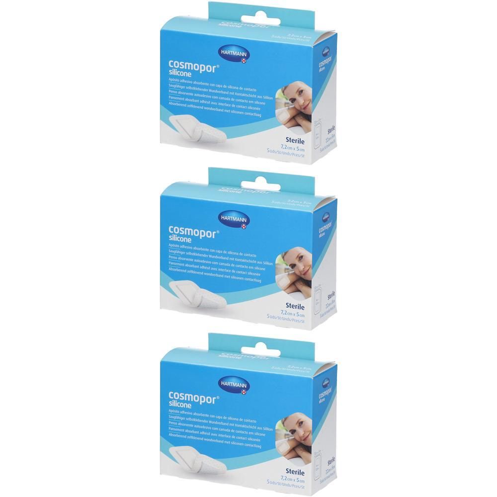 Drie pakken Hartmann Cosmopor Silicone wondpleisters, steriel, 7,5 x 5 cm.