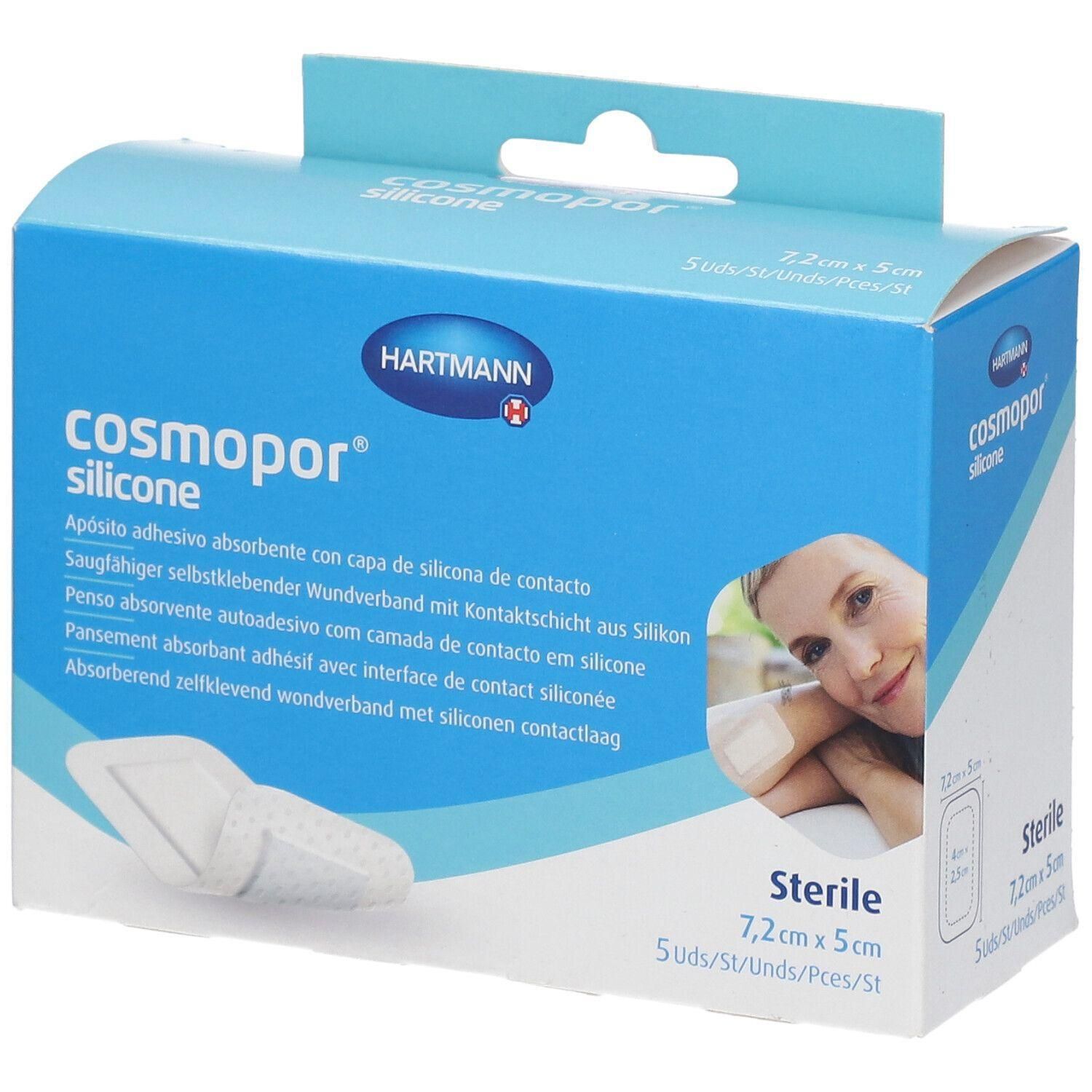 Hartmann Cosmopor Silicone wondverband, 7,2 x 5 cm, steriel. Absorberend met siliconen contactlaag.