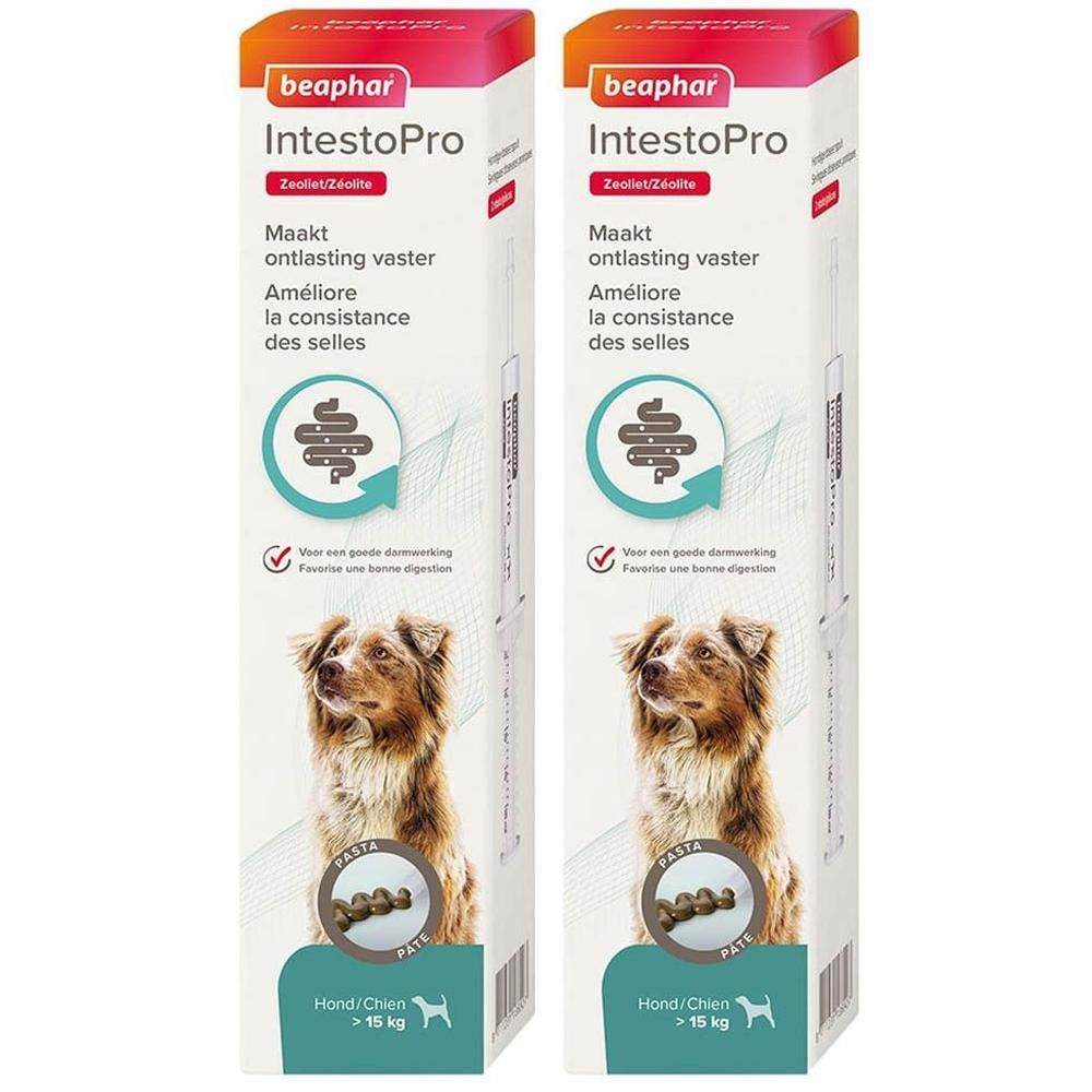 Deux paquets de Pâte IntestoPro Beaphar pour chiens de plus de 15 kg. Montre un chien et un symbole intestinal.
