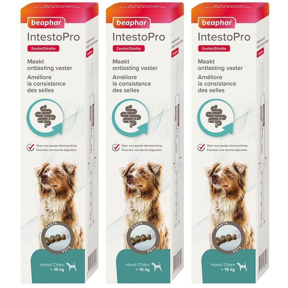 Drie verpakkingen Beaphar IntestioPro Hondentabletten voor honden > 15 kg. Met hondenfoto en darmicoon.