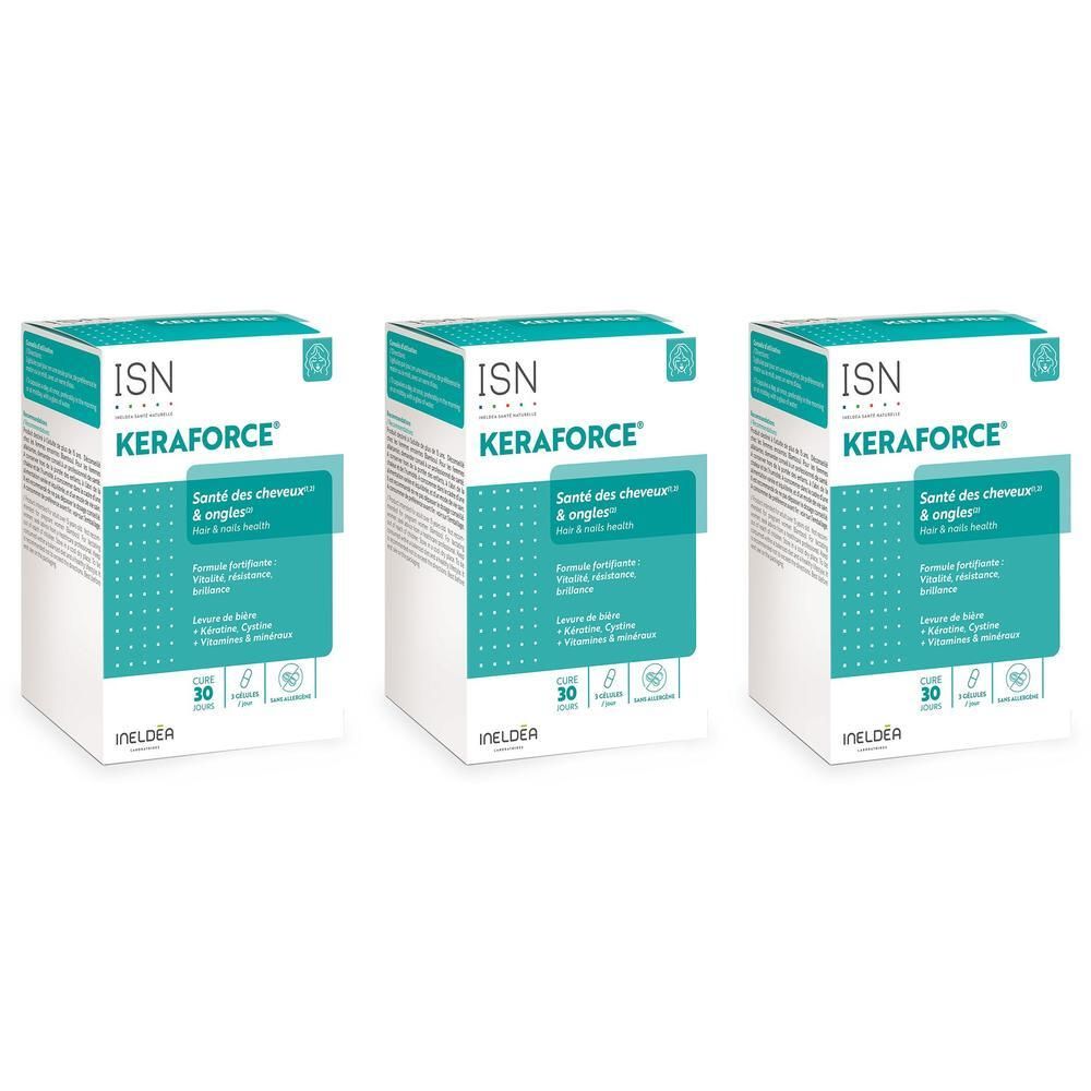 Drie verpakkingen Ineldea Keraforce voor Haar & Nagels. Bevat 30 capsules.