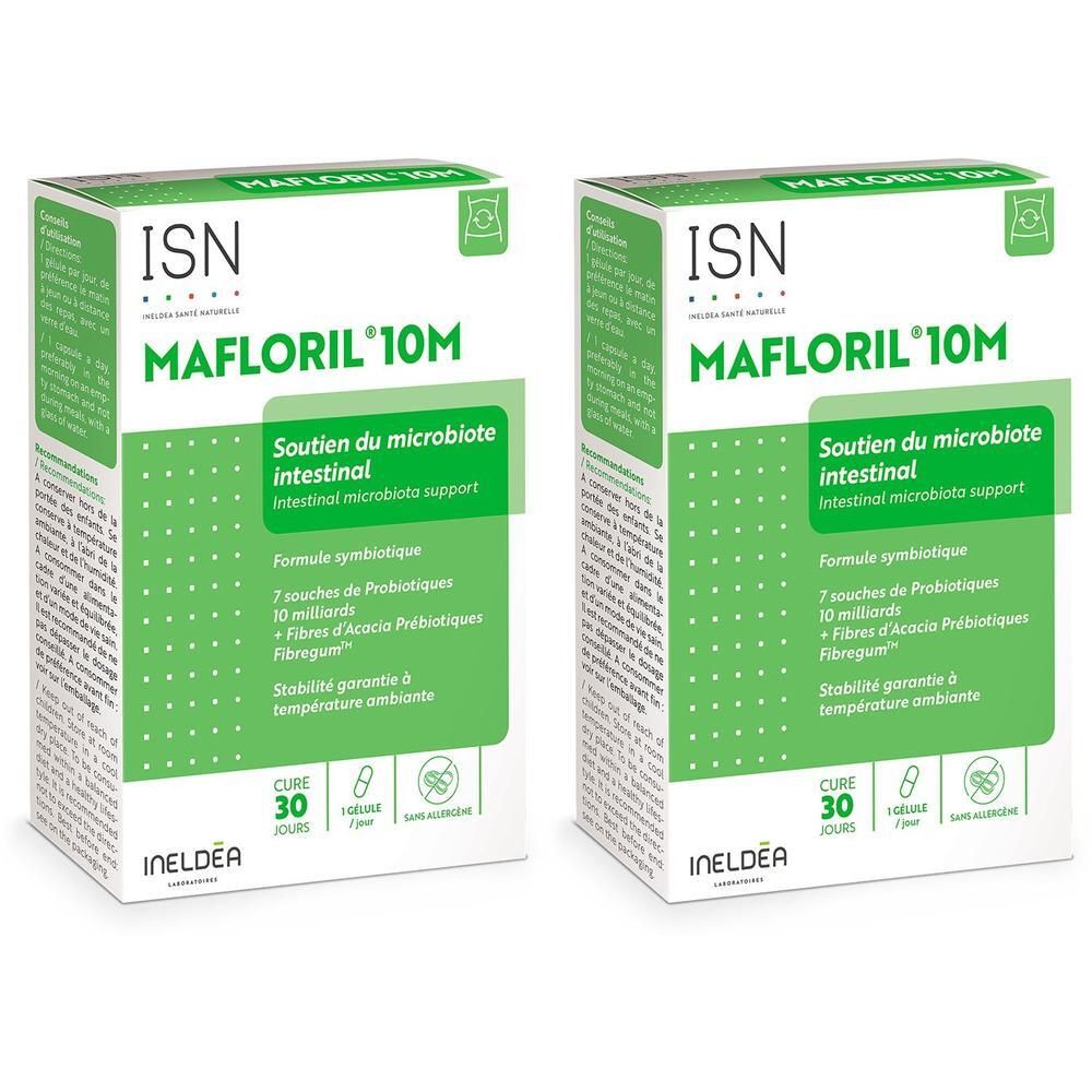 Deux boîtes Ineldea Mafloril 10M pour le soutien du microbiote intestinal. Emballage vert à pois blancs.