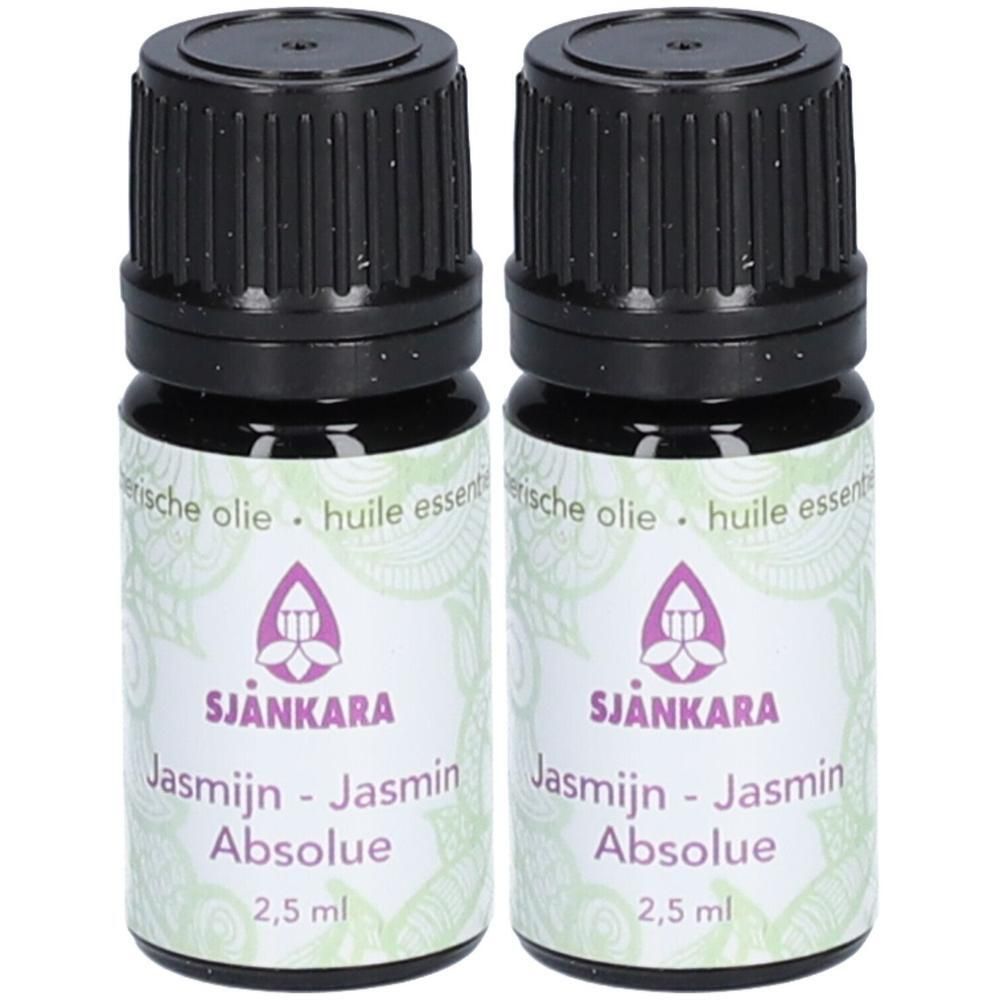 Twee flesjes SJANKARA Jasmijn Absoluut etherische olie, elk 2,5 ml.