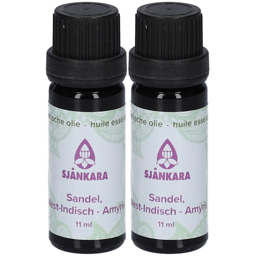 Deux flacons d'huile essentielle Sjankara Amyris, Sandalwood des Indes occidentales, 11 ml chacun.