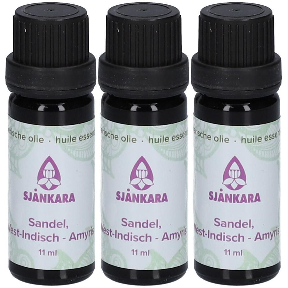 Trois flacons d'huile essentielle de amyris Sjankara, 11 ml chacun.