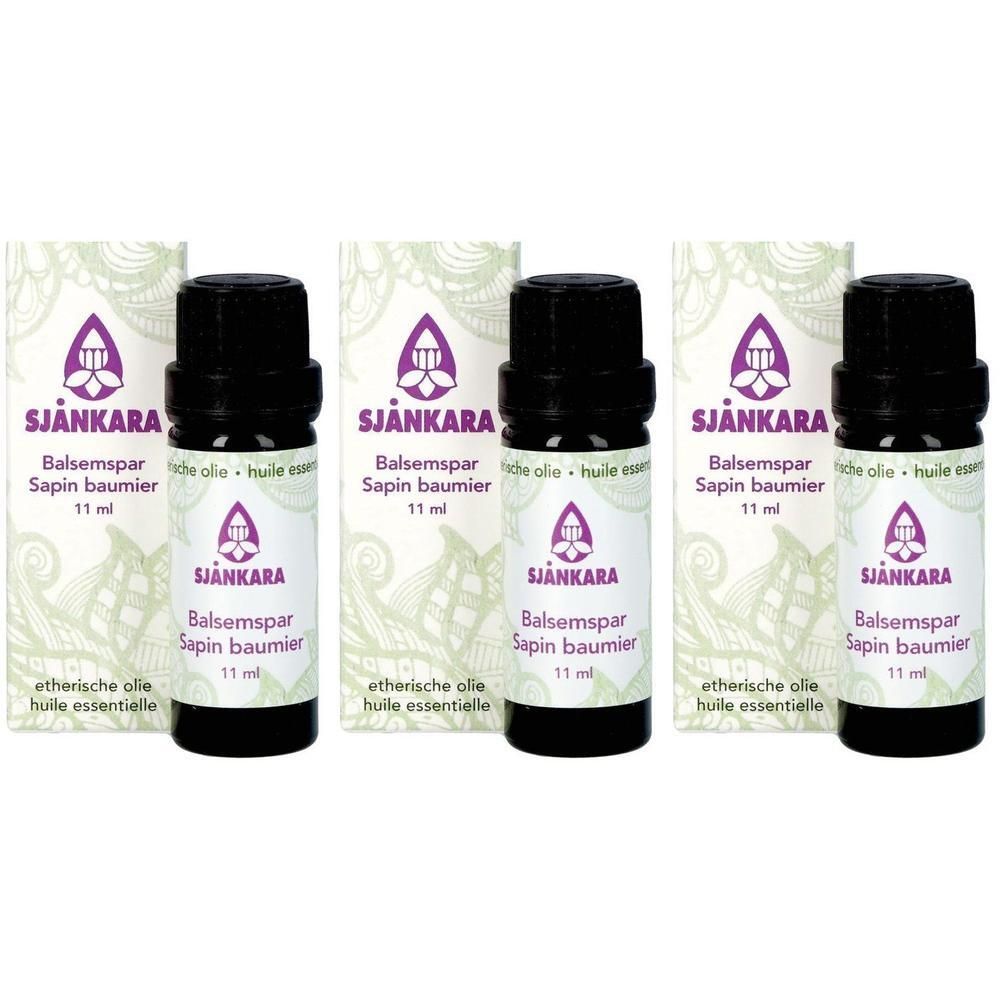 Drie flesjes Sjankara Balsemspar etherische olie, elk 11 ml.