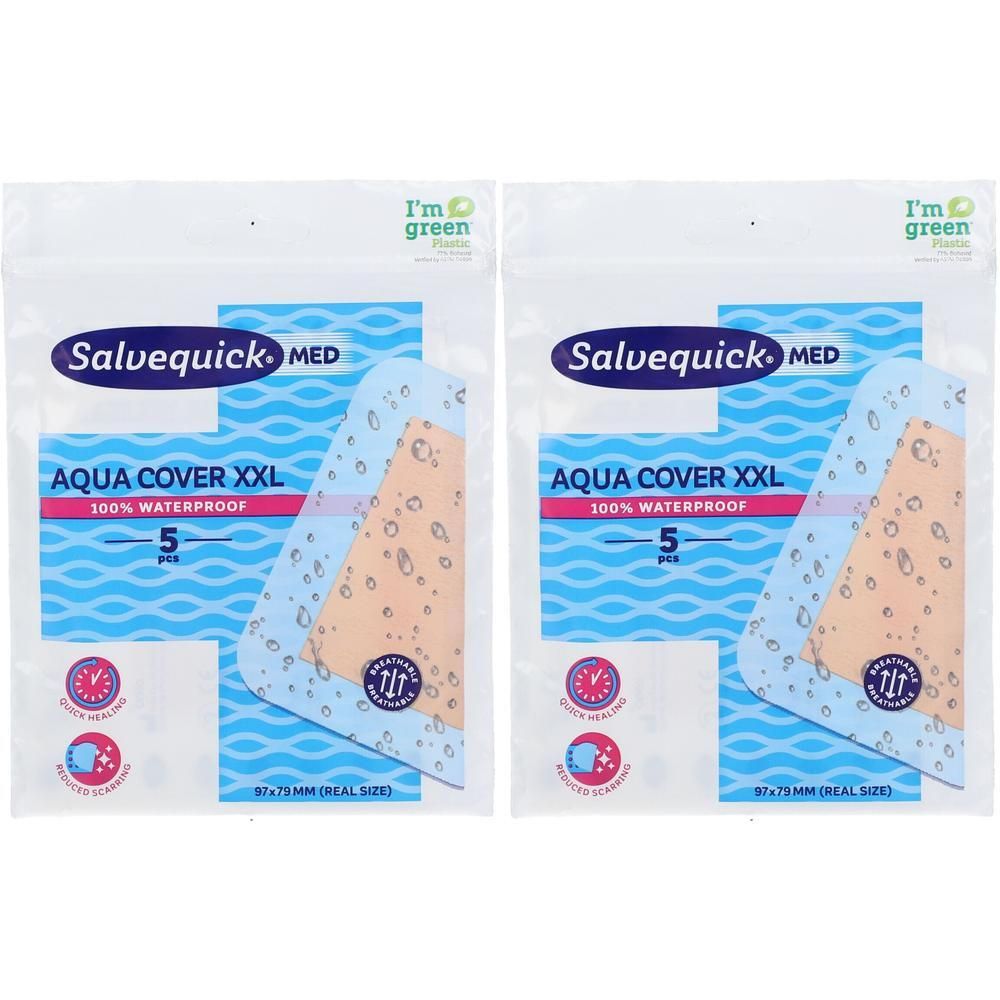 Twee verpakkingen Salvequick Aqua Cover XXL pleisters, 100% waterdicht, 5 stuks per verpakking.