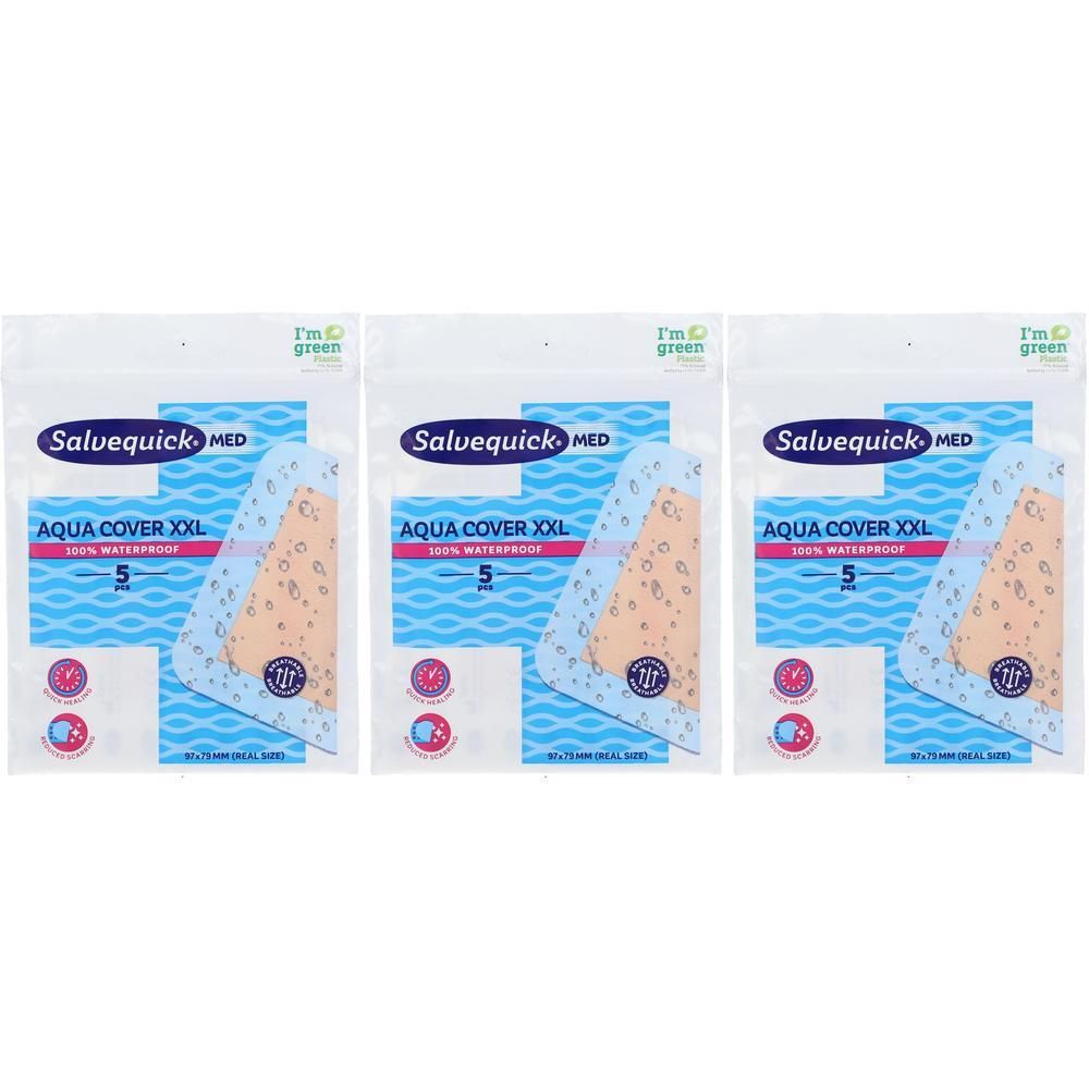 Drie pakken Salvequick Aqua Cover XXL pleisters, 100% waterdicht.