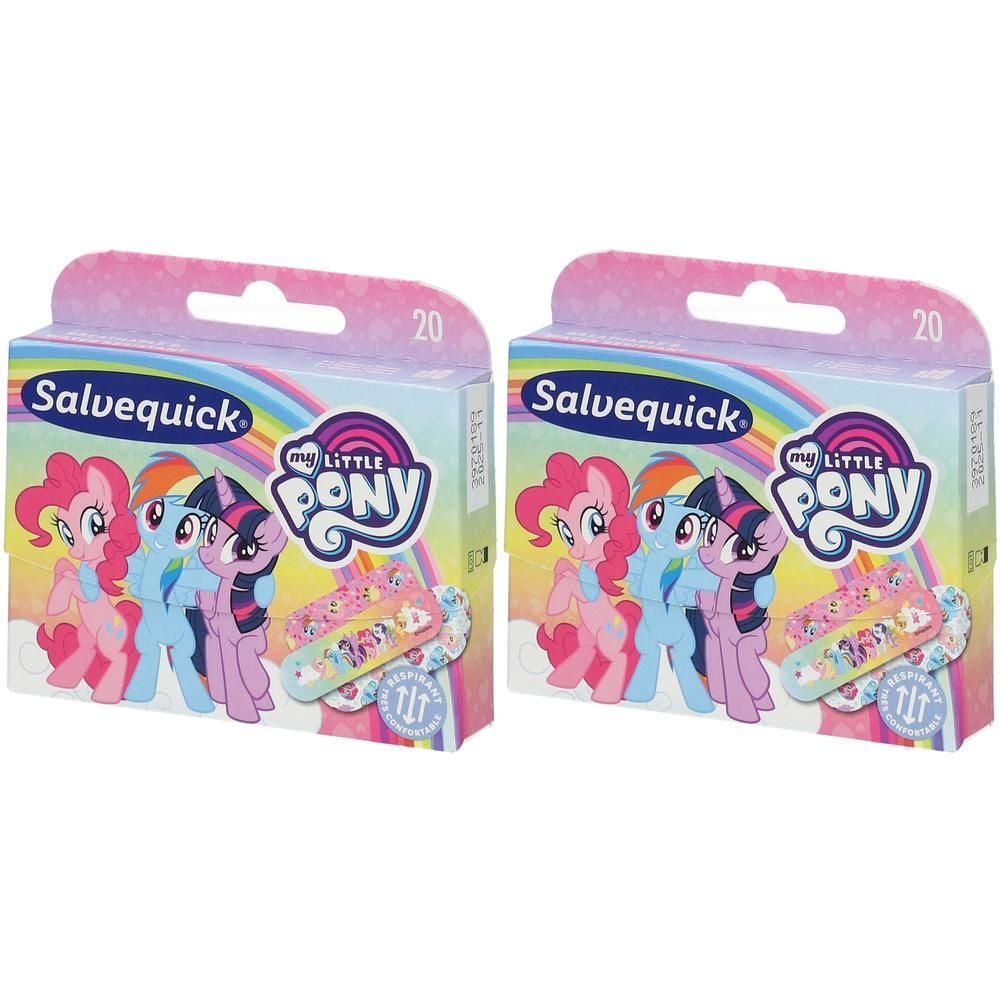 Deux paquets de pansements Salvequick My Little Pony, 20 par paquet. Imprimés avec des personnages My Little Pony.