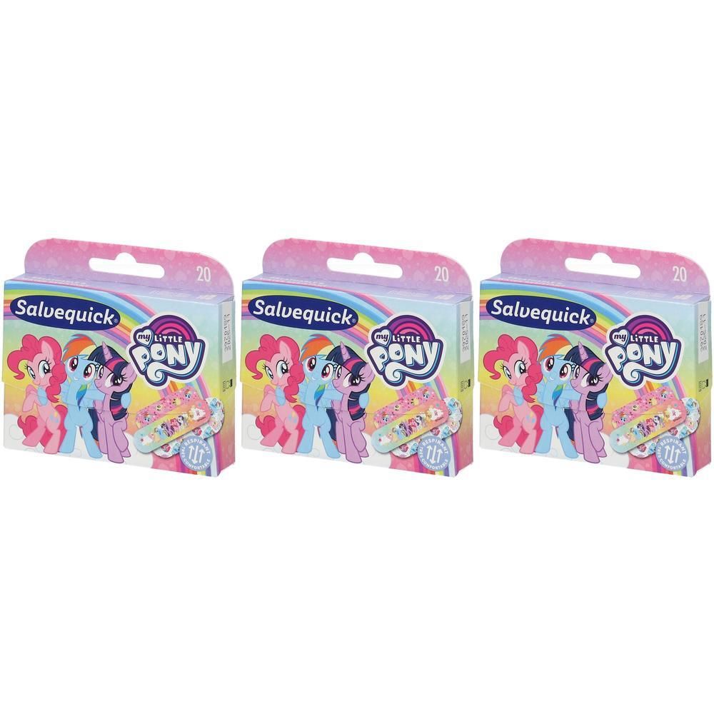 Trois paquets de pansements Salvequick My Little Pony, 20 par paquet. Emballage coloré avec des poneys et un arc-en-ciel.