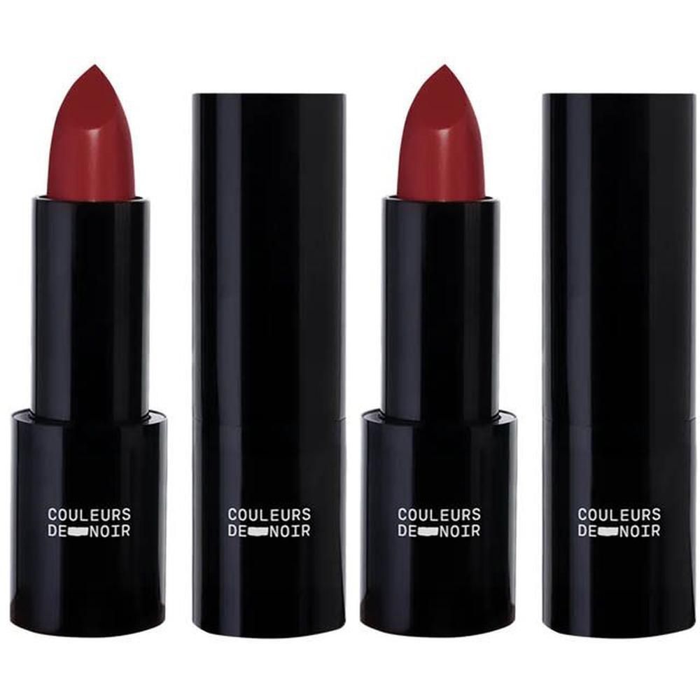 Twee zwarte lipstick hulzen, één geopend met rode lipstick.