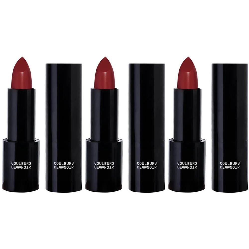 Quatre tubes de rouge à lèvres noirs avec pointes rouges.