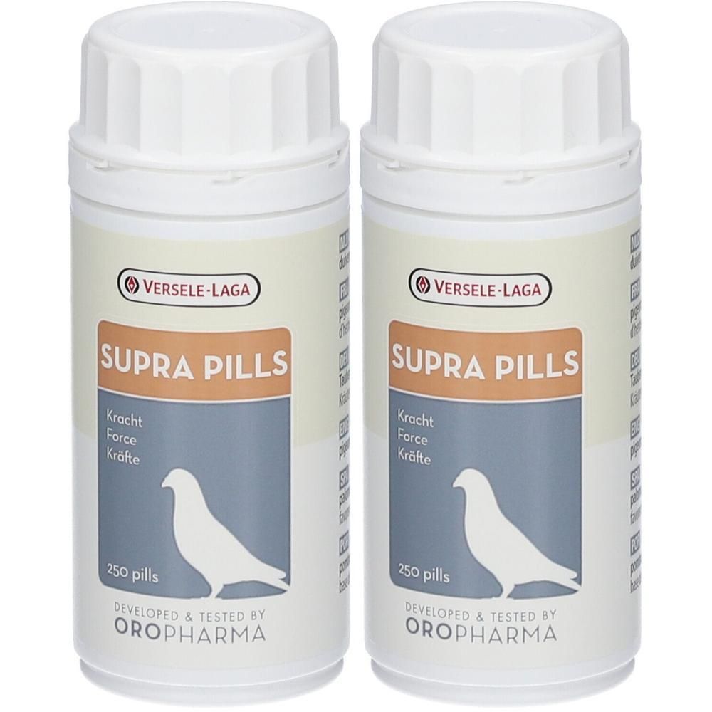 Deux boîtes Oropharma Supra Pills, 250 pilules chacune. Une colombe blanche est imprimée sur le devant.