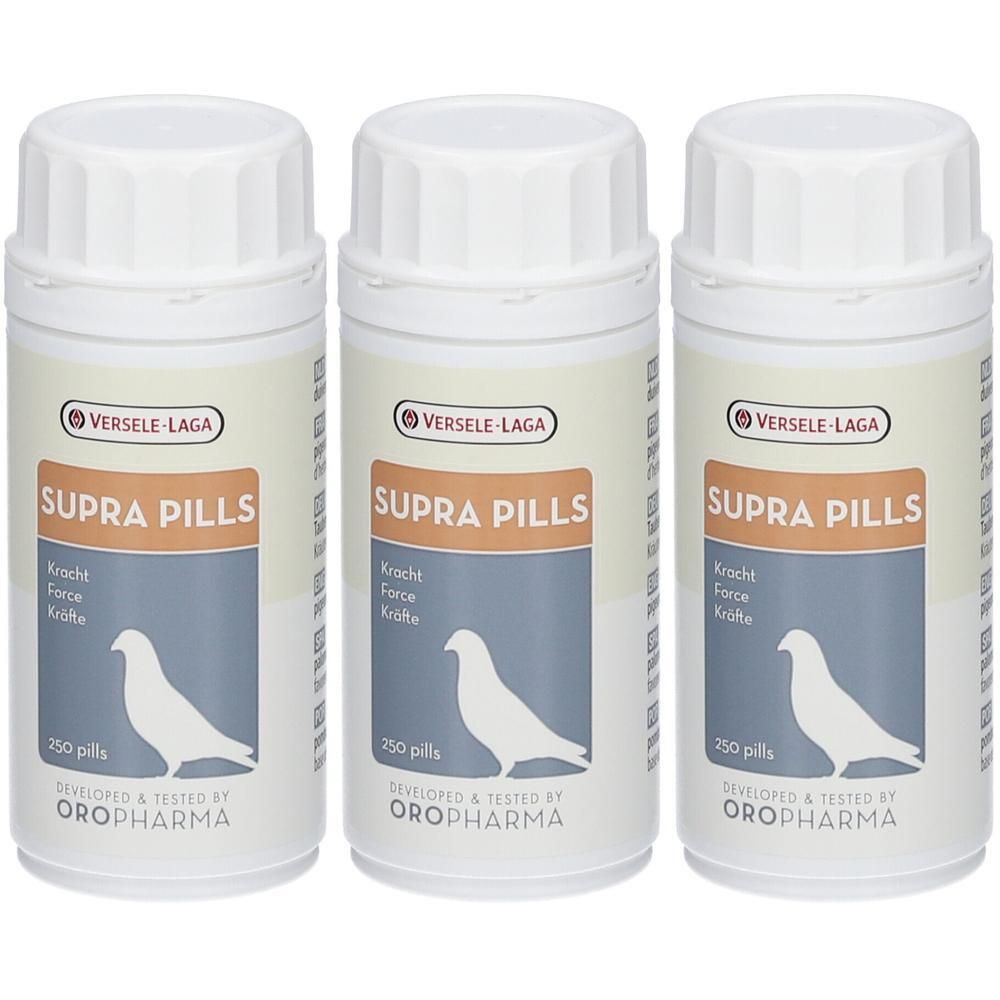 Drie witte containers met Oropharma Supra Pills. Elke container bevat 250 pillen en toont een duif.