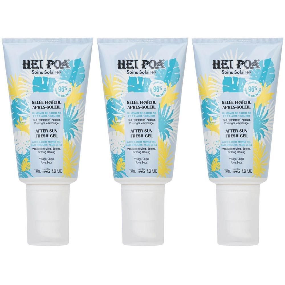 Trois tubes de Hei Poa Gelée Fraîche Après-Soleil avec motif de feuilles tropicales.