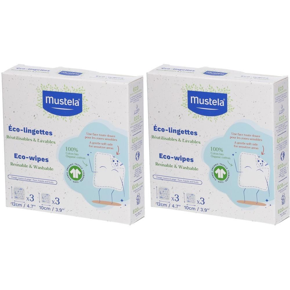 Twee pakken Mustela Eco-doekjes, herbruikbaar en wasbaar.
