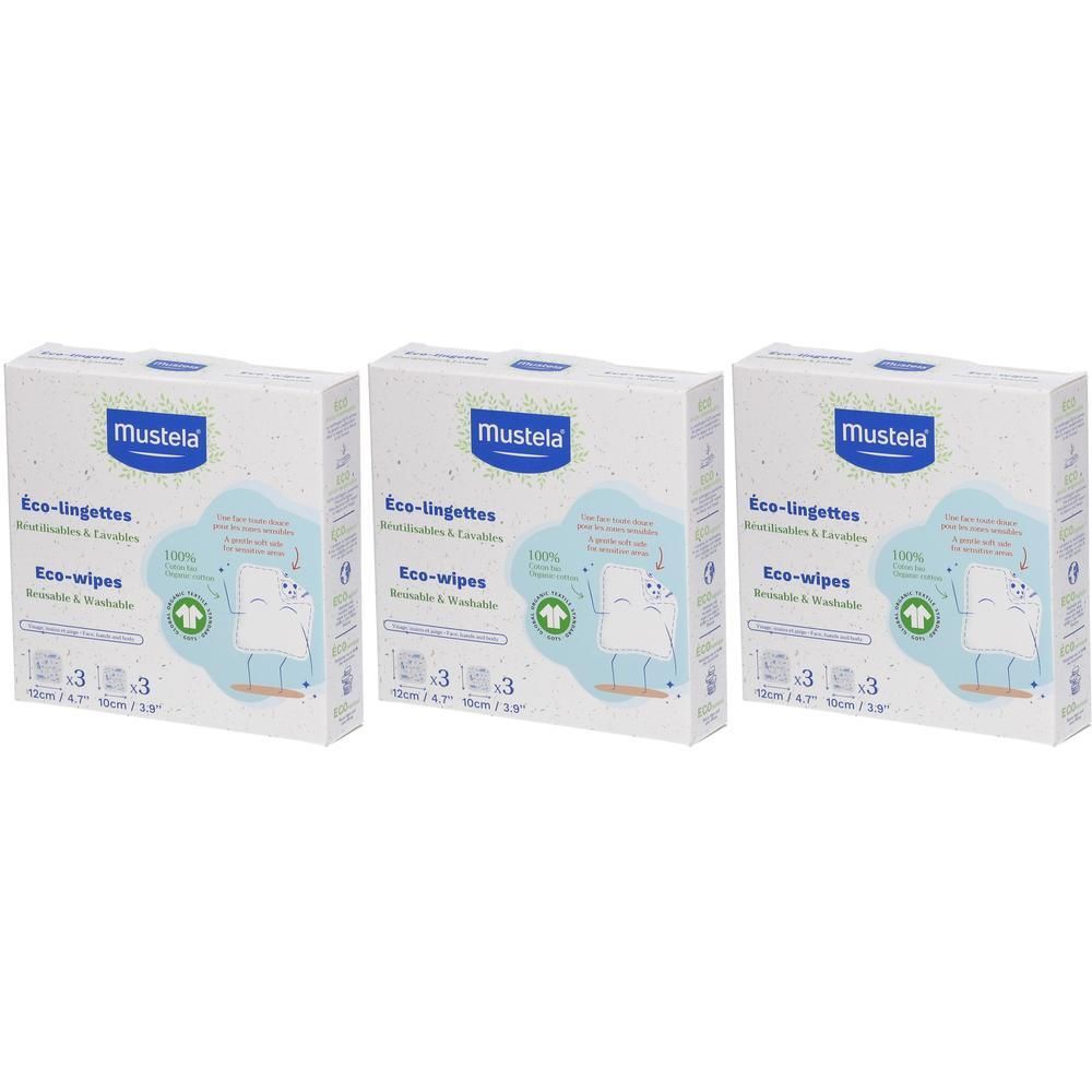 Trois paquets de lingettes écologiques Mustela, biodégradables et compostables.