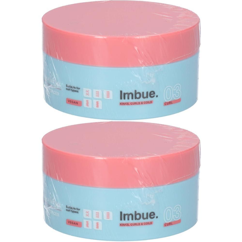 Twee Imbue Curl Empowering Crème-Gel potten met roze deksels en lichtblauwe etiketten.