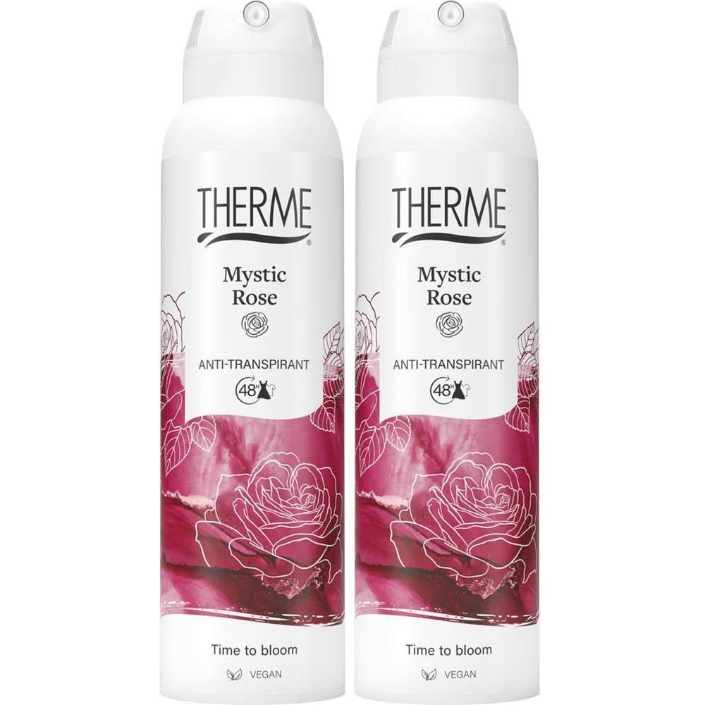 Deux sprays Therme Mystic Rose Anti-Transpirant avec motif rose et protection 48h.