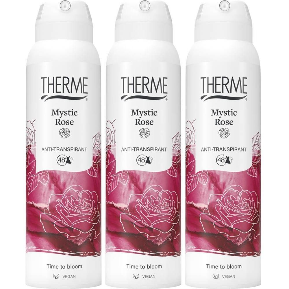 Trois déodorants Therme Mystic Rose anti-transpirant avec motif rose et protection 48h.