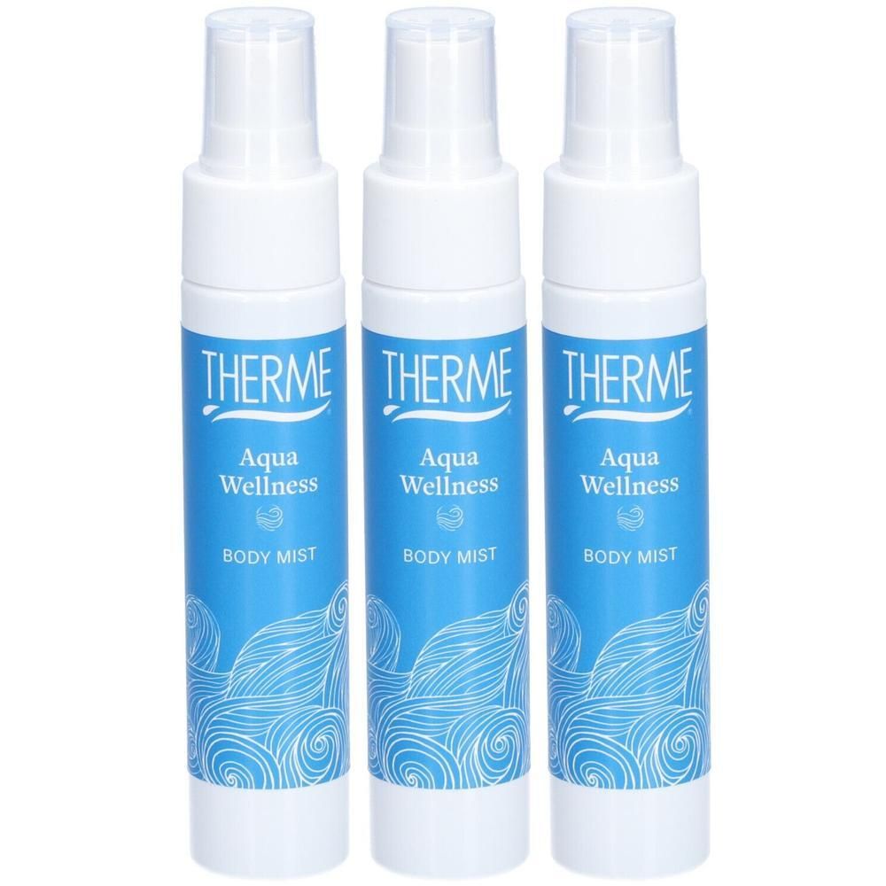 Drie witte spuitflacons met blauw etiket, met opschrift THERME Aqua Wellness Body Mist.